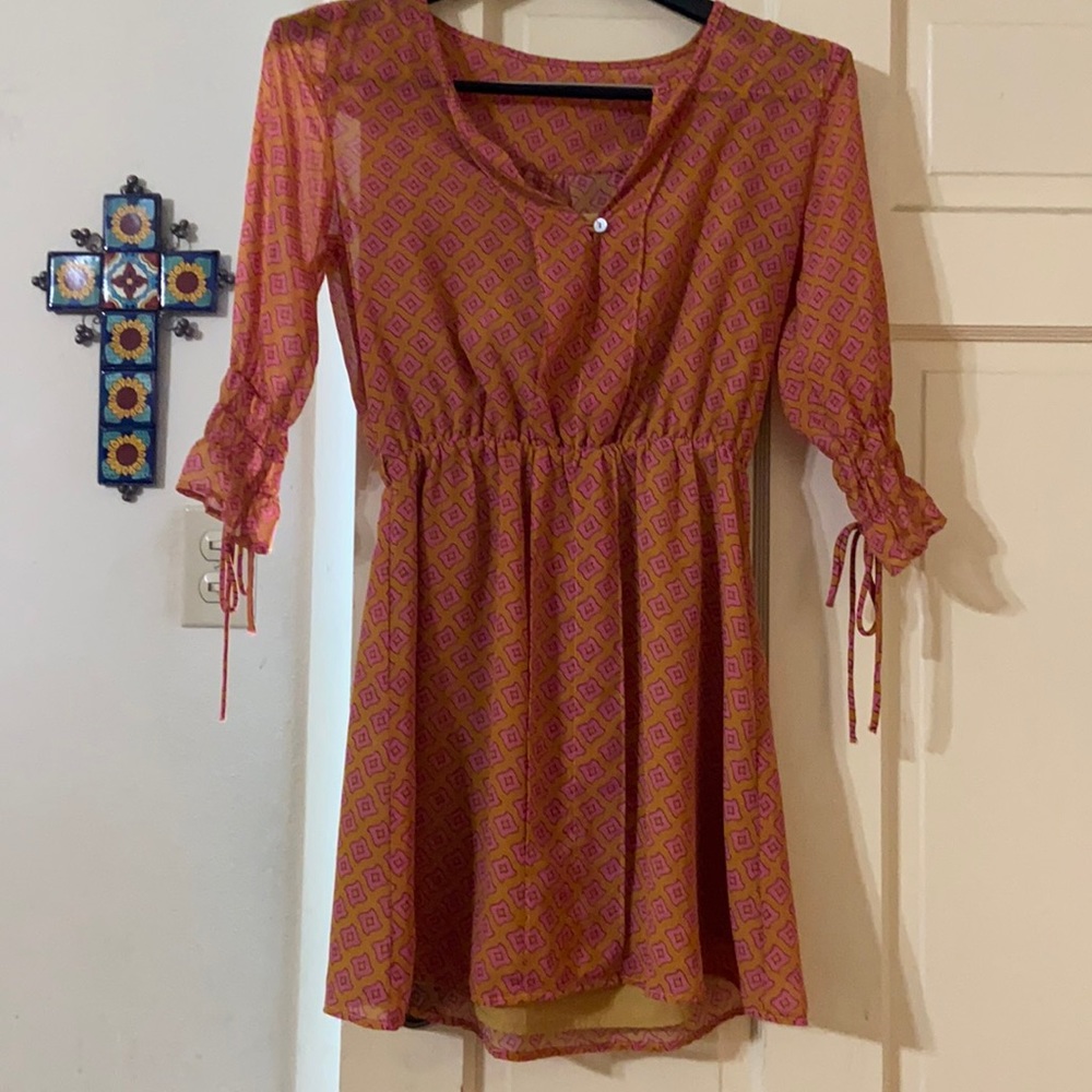 Umgee Boho Babydoll Dress Mustard Pink Geometric Print Tie Sleeve Small - Picture 2 of 7